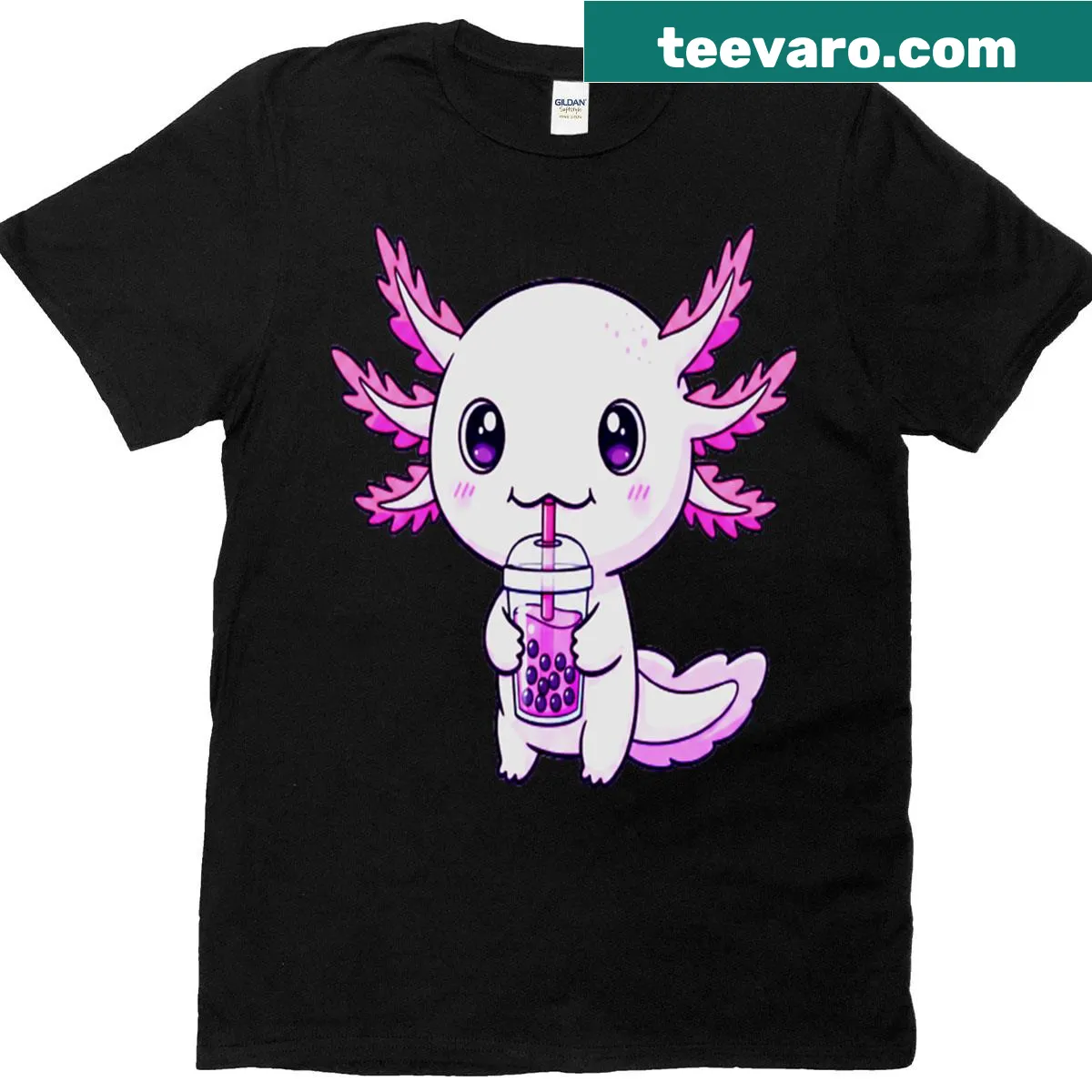 Cute axolotl enjoying bubble tea graphic on a t-shirt — on a men's t-shirt