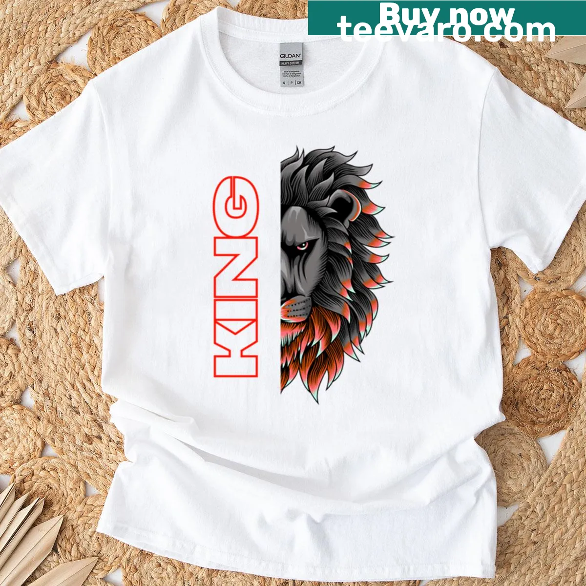 King Lion T-shirt featuring a bold red lion graphic — on a men's t-shirt