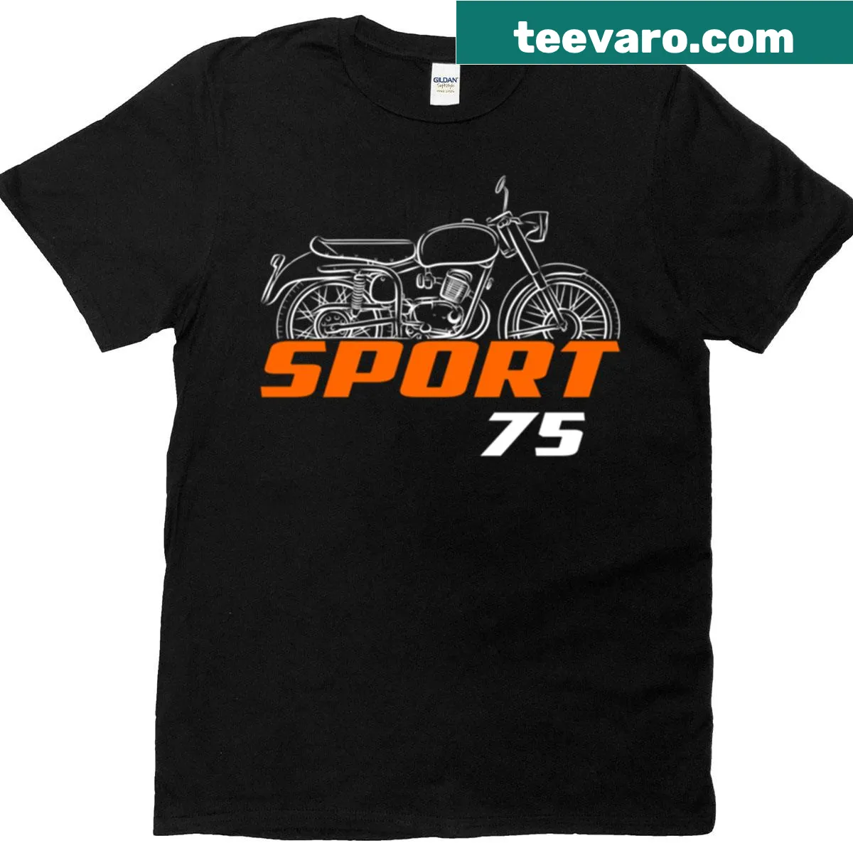 Laverda 75 Sport badge graphic on motorcycle T-shirt — on a men's t-shirt