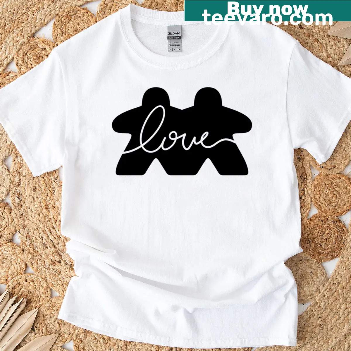Cute T-shirt with cartoon meeples representing love and board games — on a men's t-shirt
