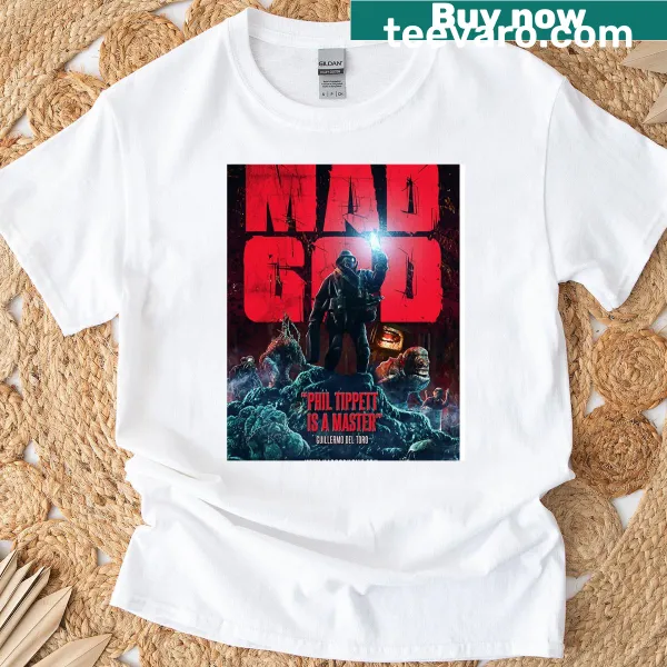 Graphic T-shirt featuring the Mad God movie poster design