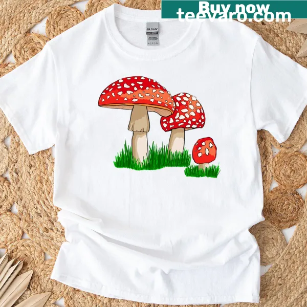 Charming illustration of magical mushrooms on a T-shirt.