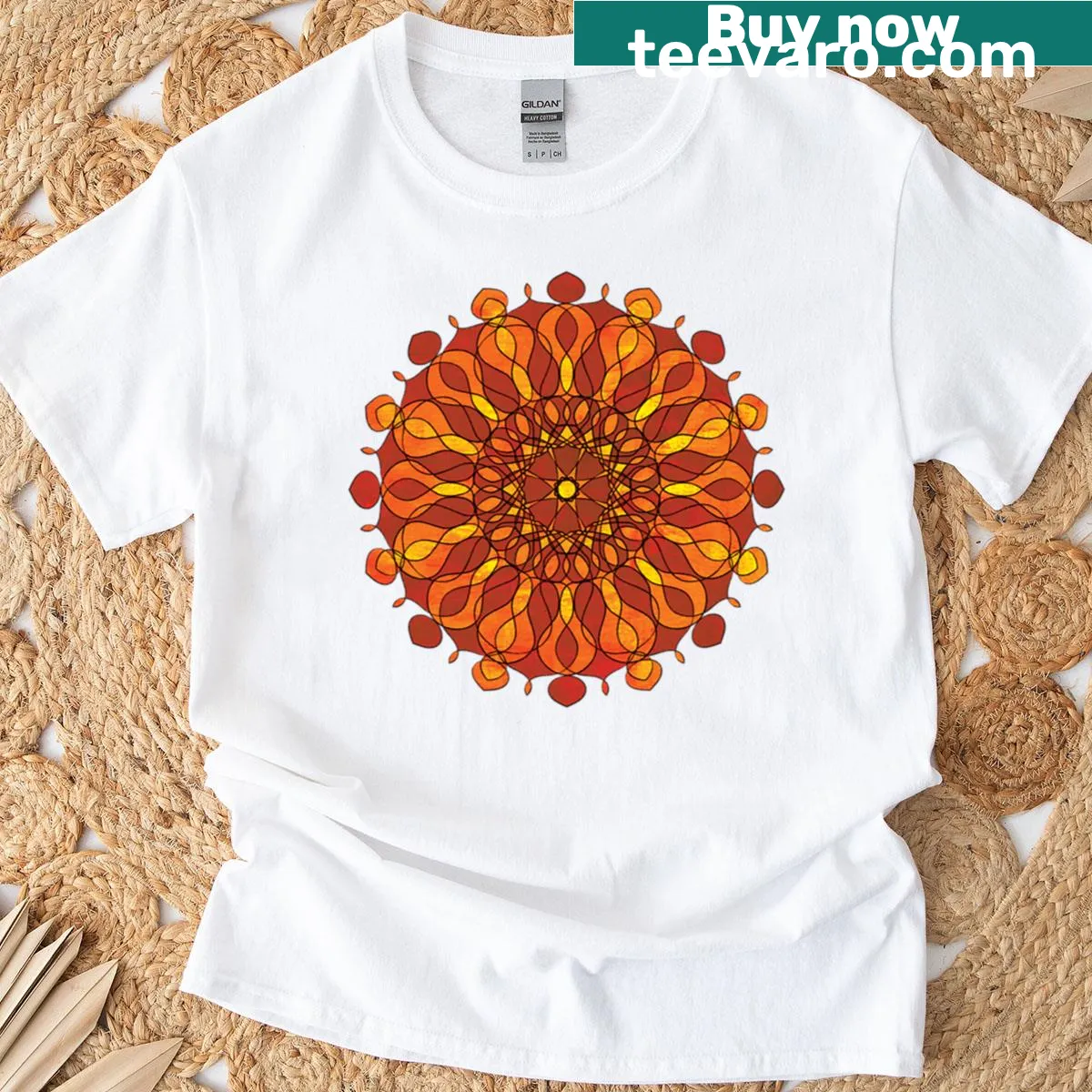 Oversized T-shirt featuring a mandala flower design in orange — on a men's t-shirt