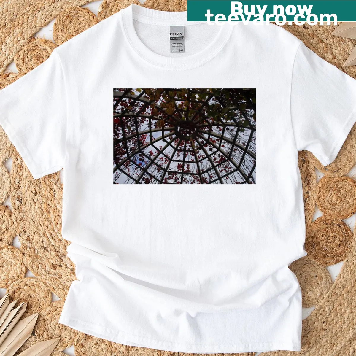 Minimalist T-shirt featuring a wooden web design with red accents — on a men's t-shirt