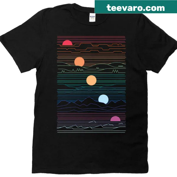 Illustrated T-shirt showcasing diverse landscapes under one sun.