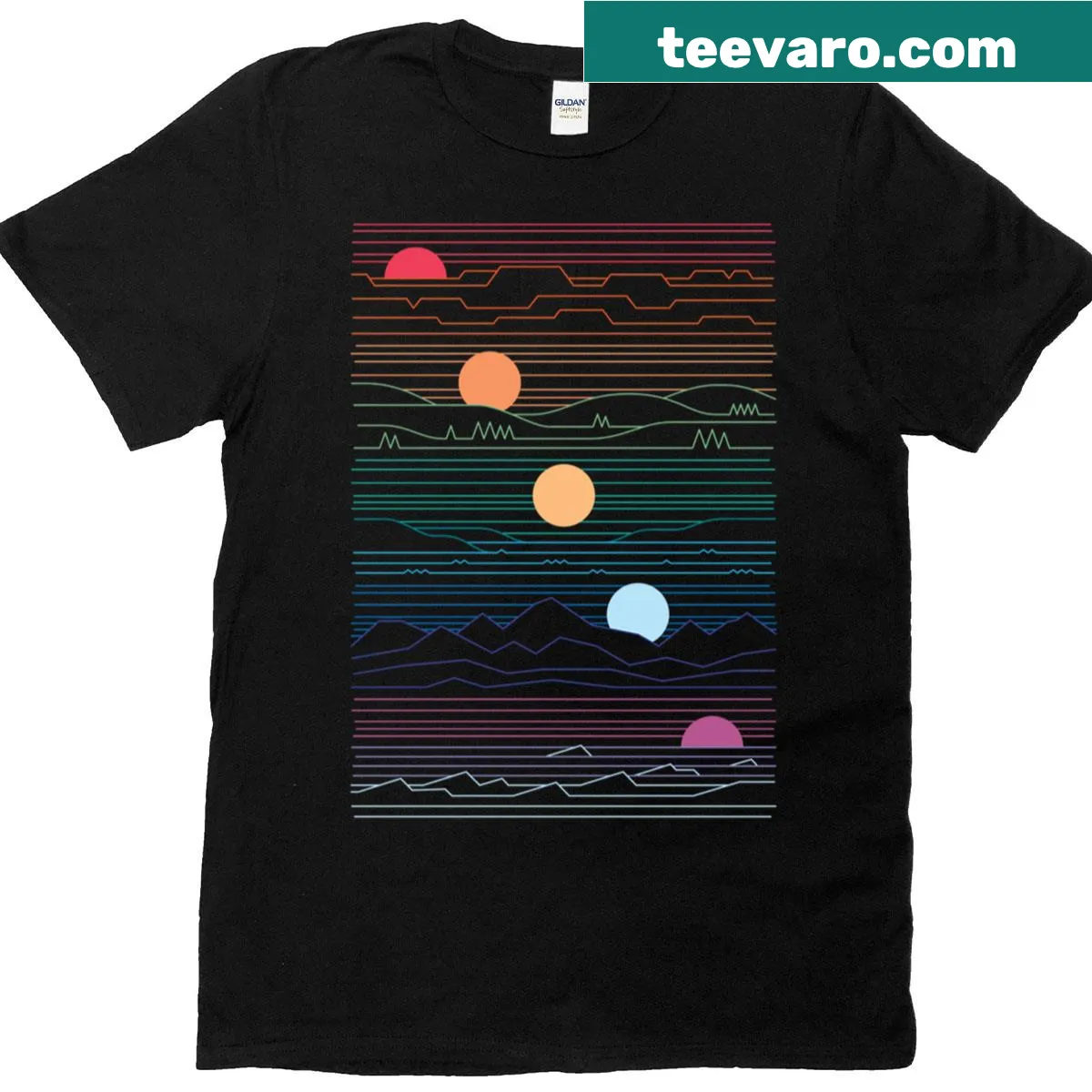 Illustrated T-shirt showcasing diverse landscapes under one sun. — on a men's t-shirt