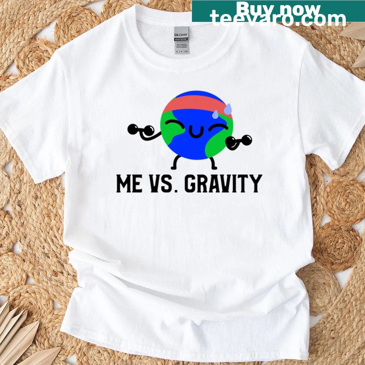 Funny oversized workout t-shirt with 'Me Vs Gravity' text — on a men's t-shirt