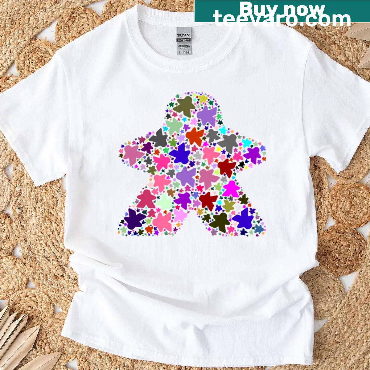 Cartoon graphic of meeples on a T-shirt — on a men's t-shirt