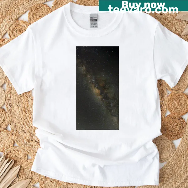 Illustrated Milky Way galaxy graphic on a t-shirt