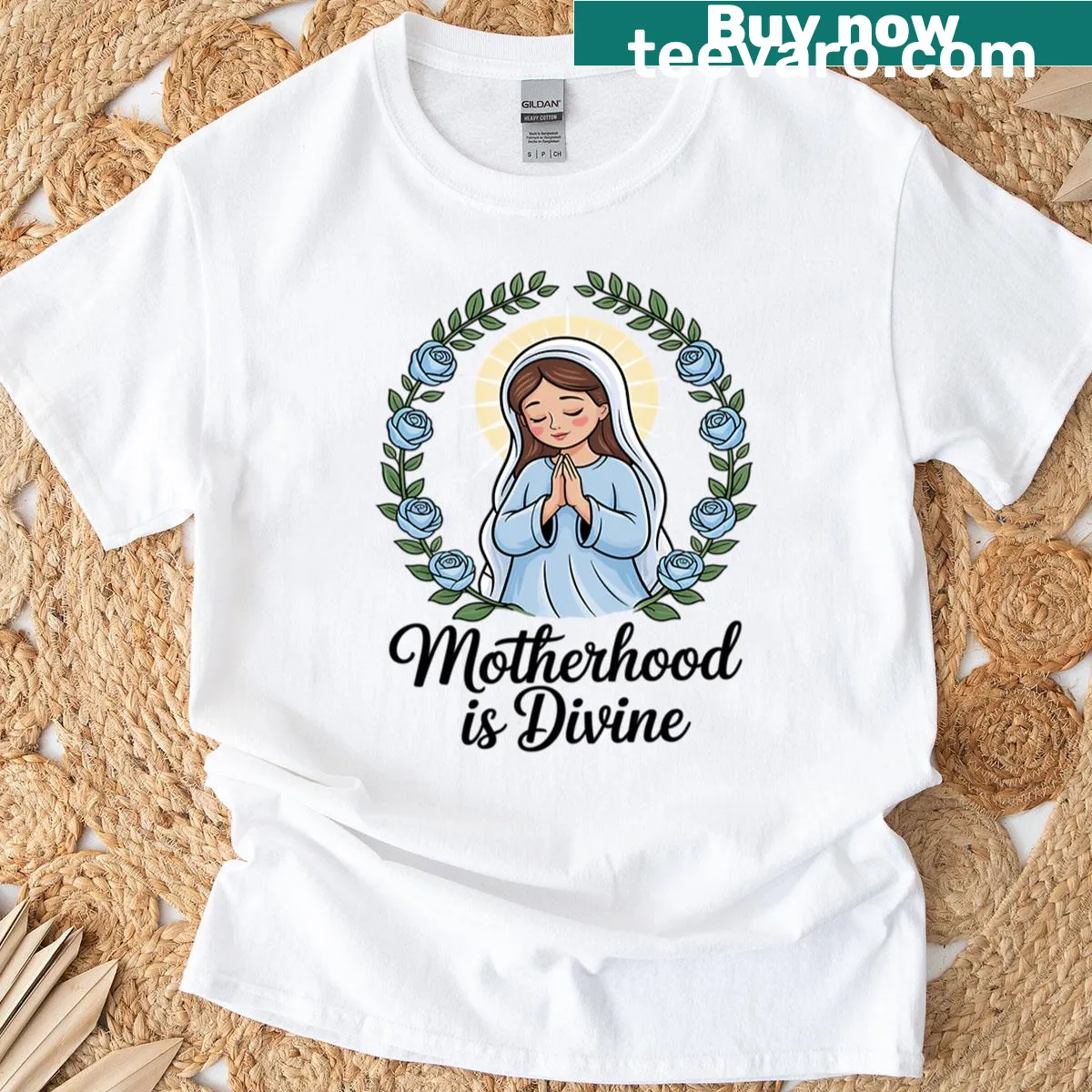 T-shirt with a blue rose and religious design for Catholic moms — on a men's t-shirt