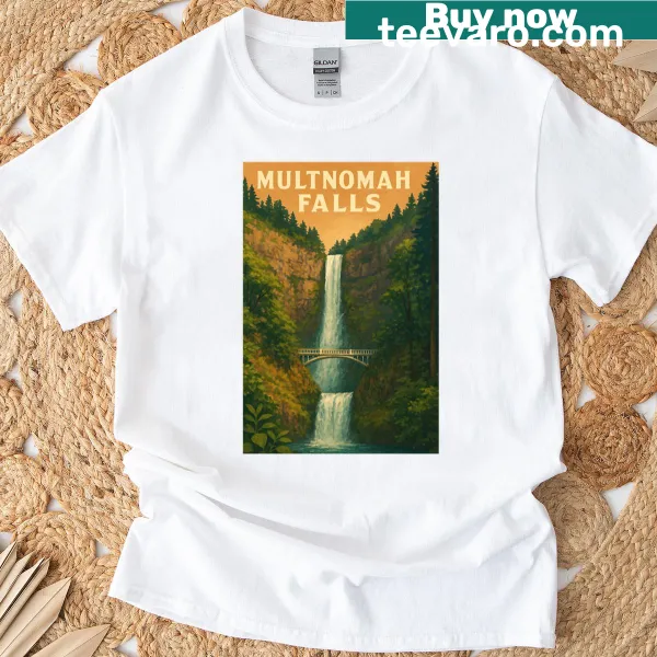 Nature-themed T-shirt featuring Multnomah Falls in autumn