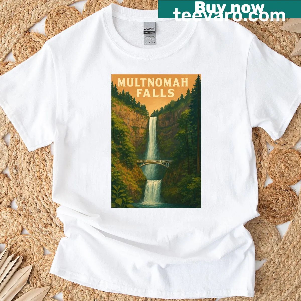 Nature-themed T-shirt featuring Multnomah Falls in autumn — on a men's t-shirt