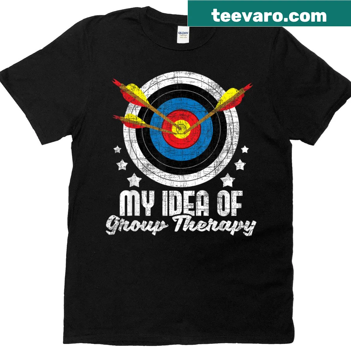 Playful illustration of archery gear with My Idea Of Group Therapy text — on a men's t-shirt