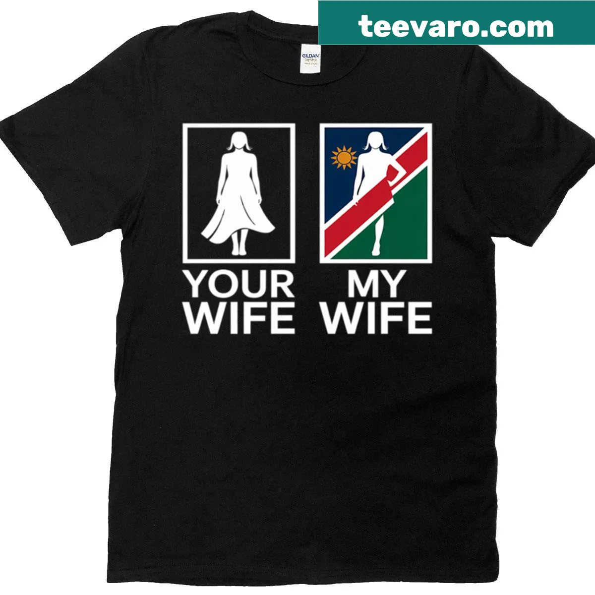 Namibia flag-themed tee celebrating marriage with affectionate text — on a men's t-shirt