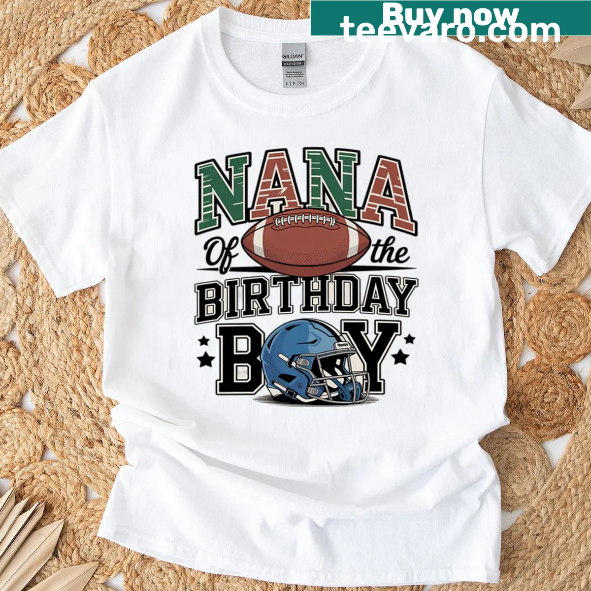 Playful typography t-shirt for a football-loving birthday boy's Nana — on a men's t-shirt