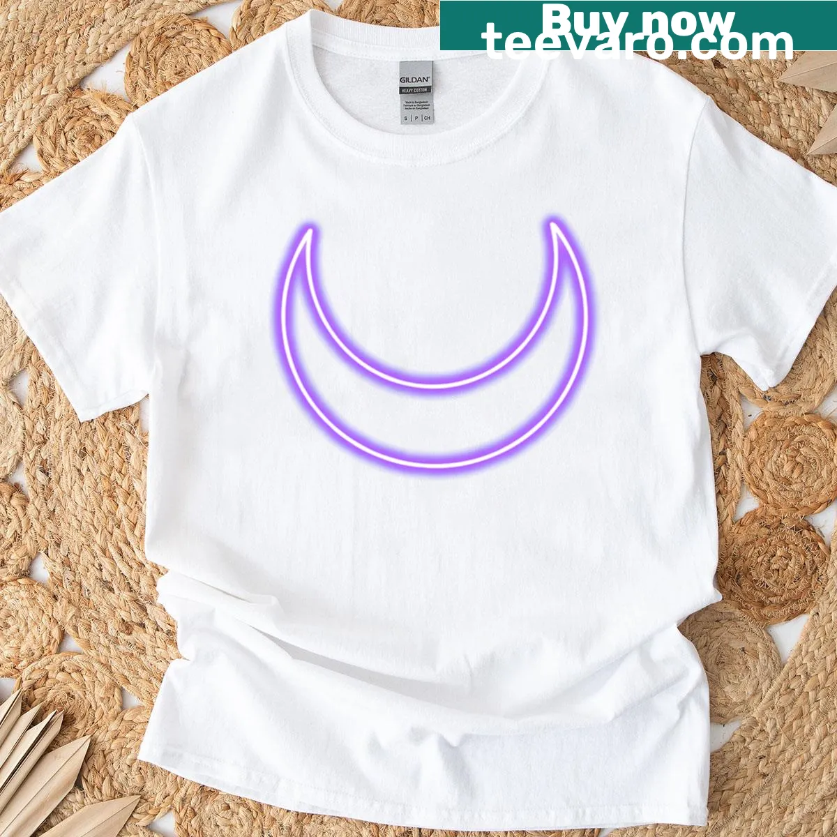 Neon purple crescent moon illustration on a stylish T-shirt — on a men's t-shirt