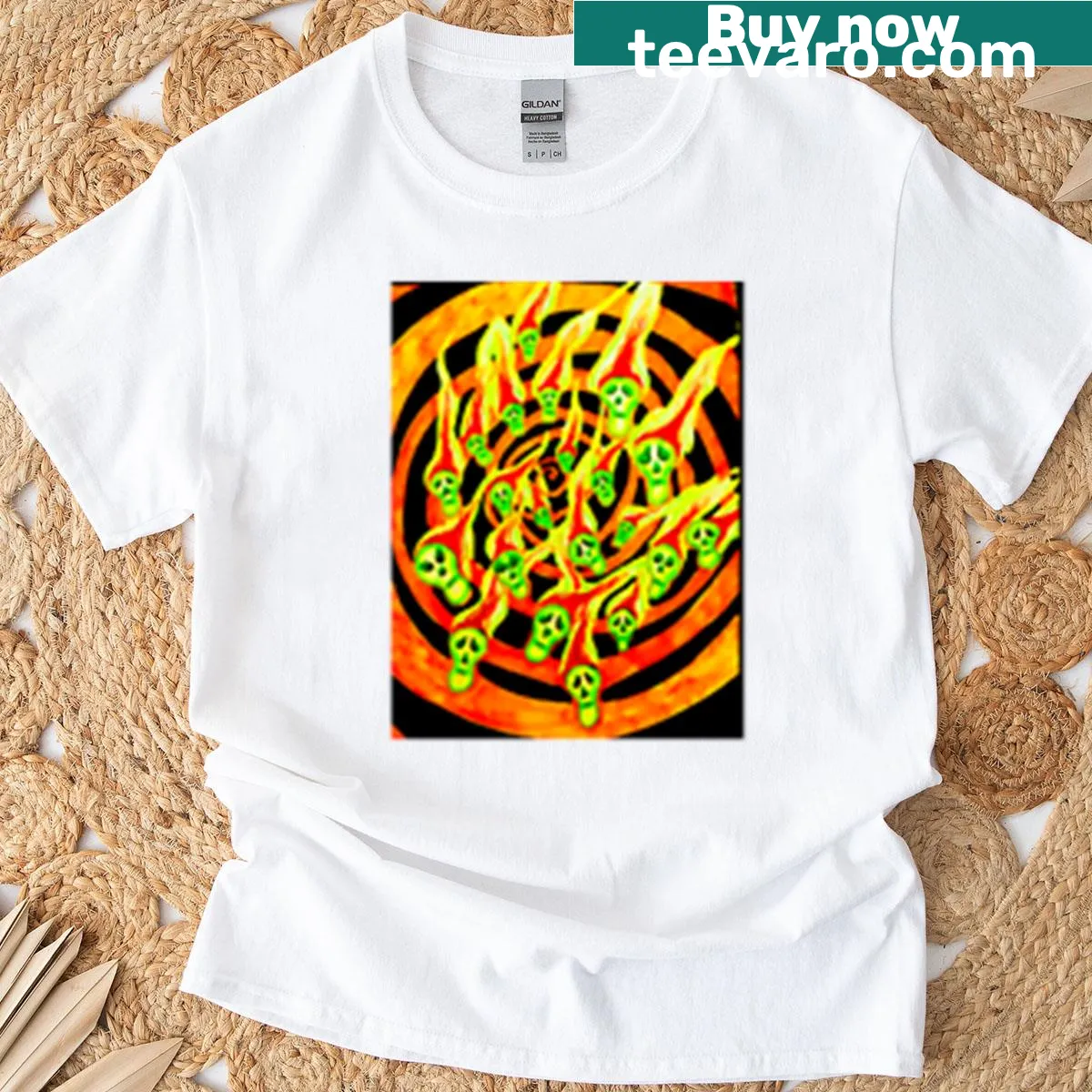 Oversized neon skull graphic T-shirt with a fiery design — on a men's t-shirt