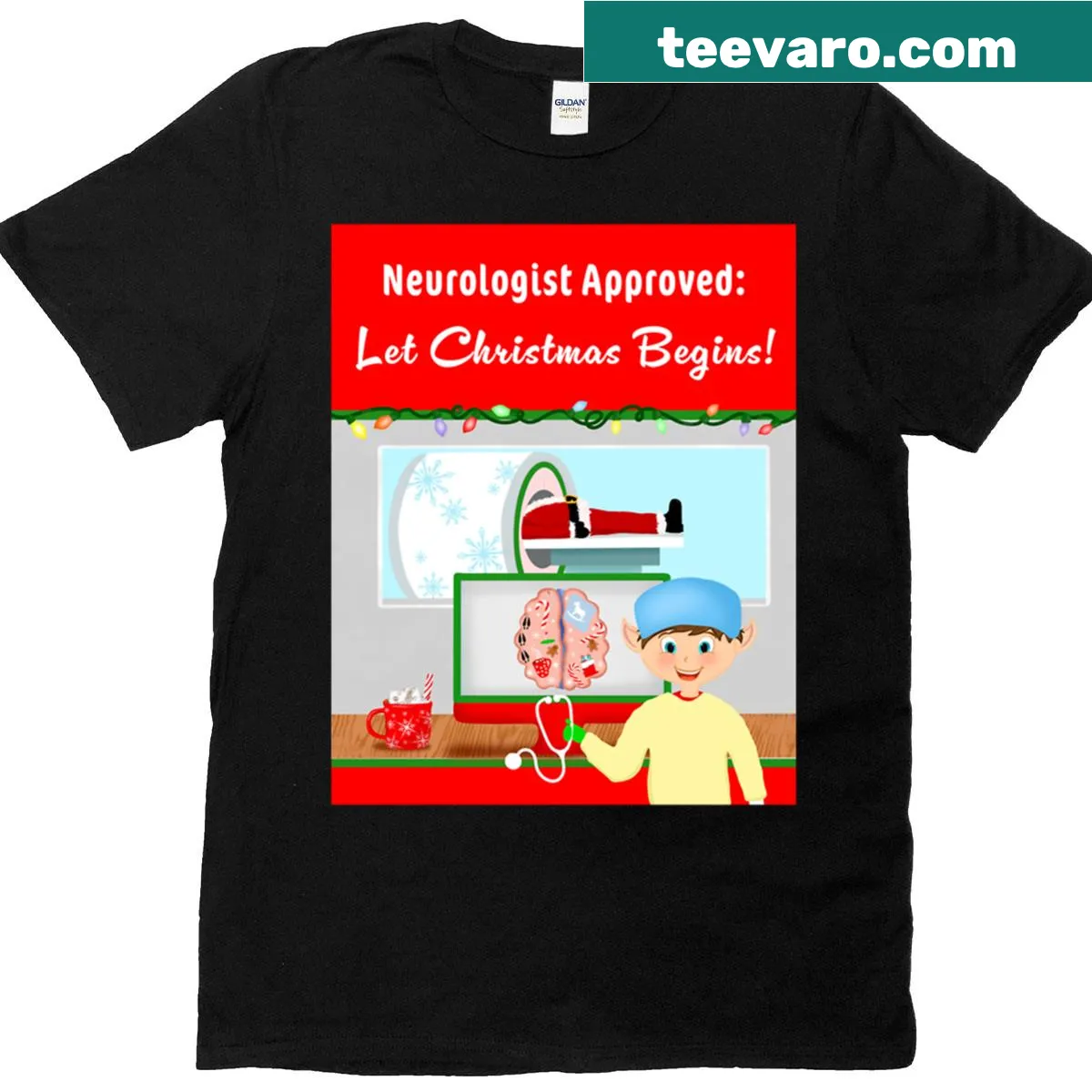 T-shirt featuring Santa in an MRI machine with the text 'Neurologist Approved' — on a men's t-shirt
