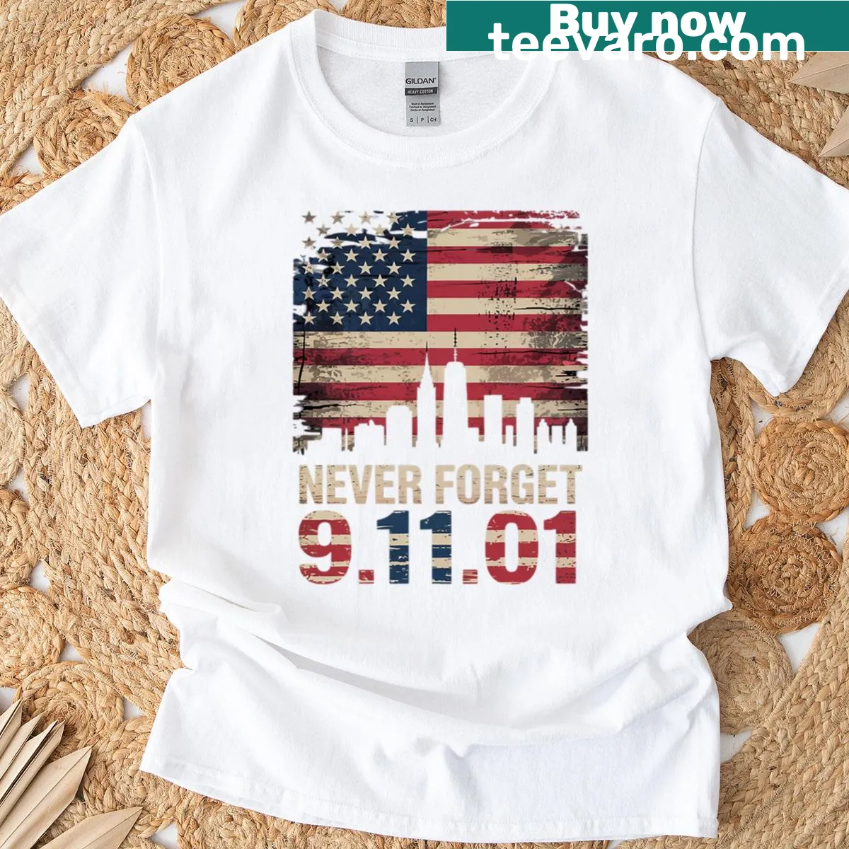 Commemorative T-shirt with 'Never Forget September 11 2001' text — on a men's t-shirt