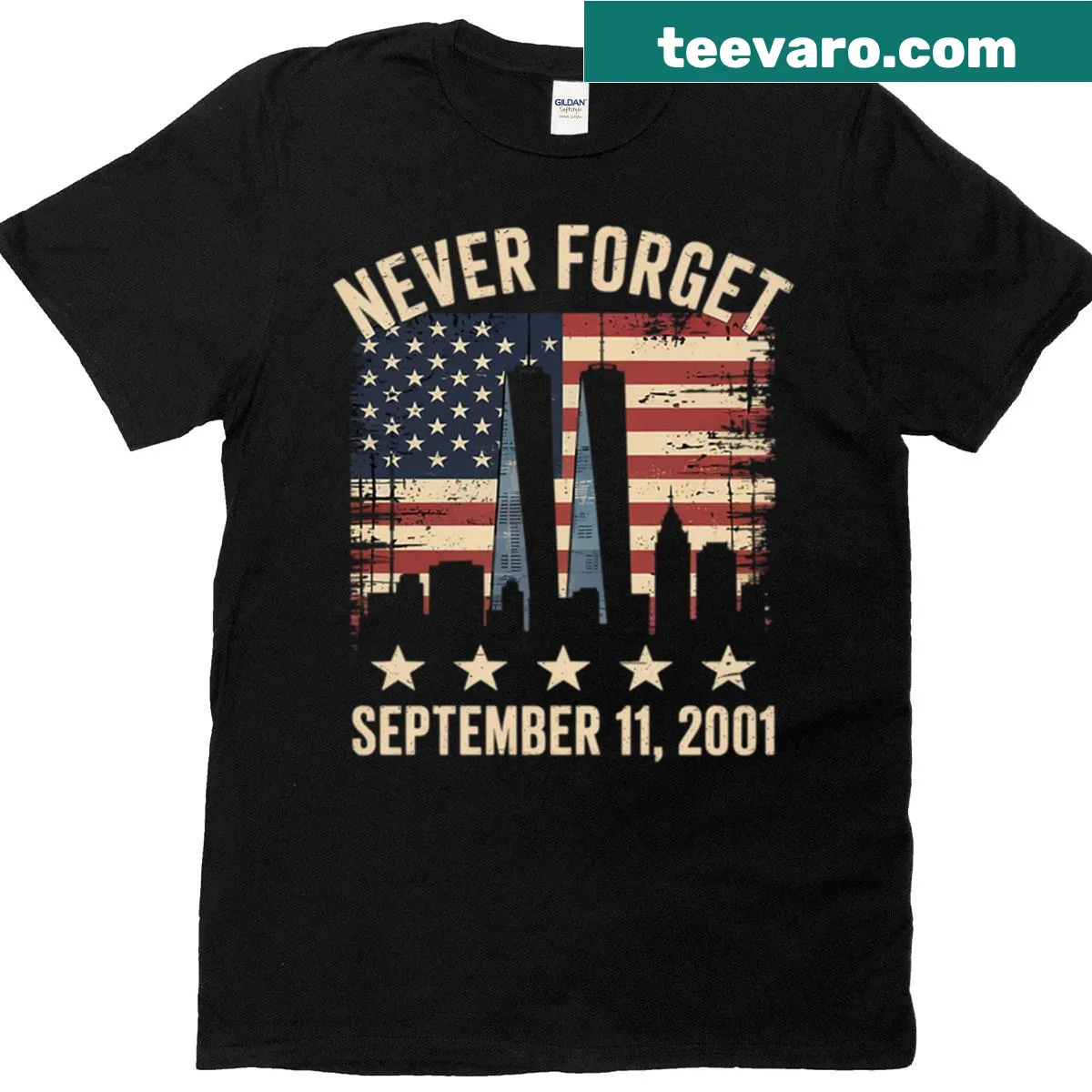 Tribute tee with 'Never Forget September 11 2001' design — on a men's t-shirt