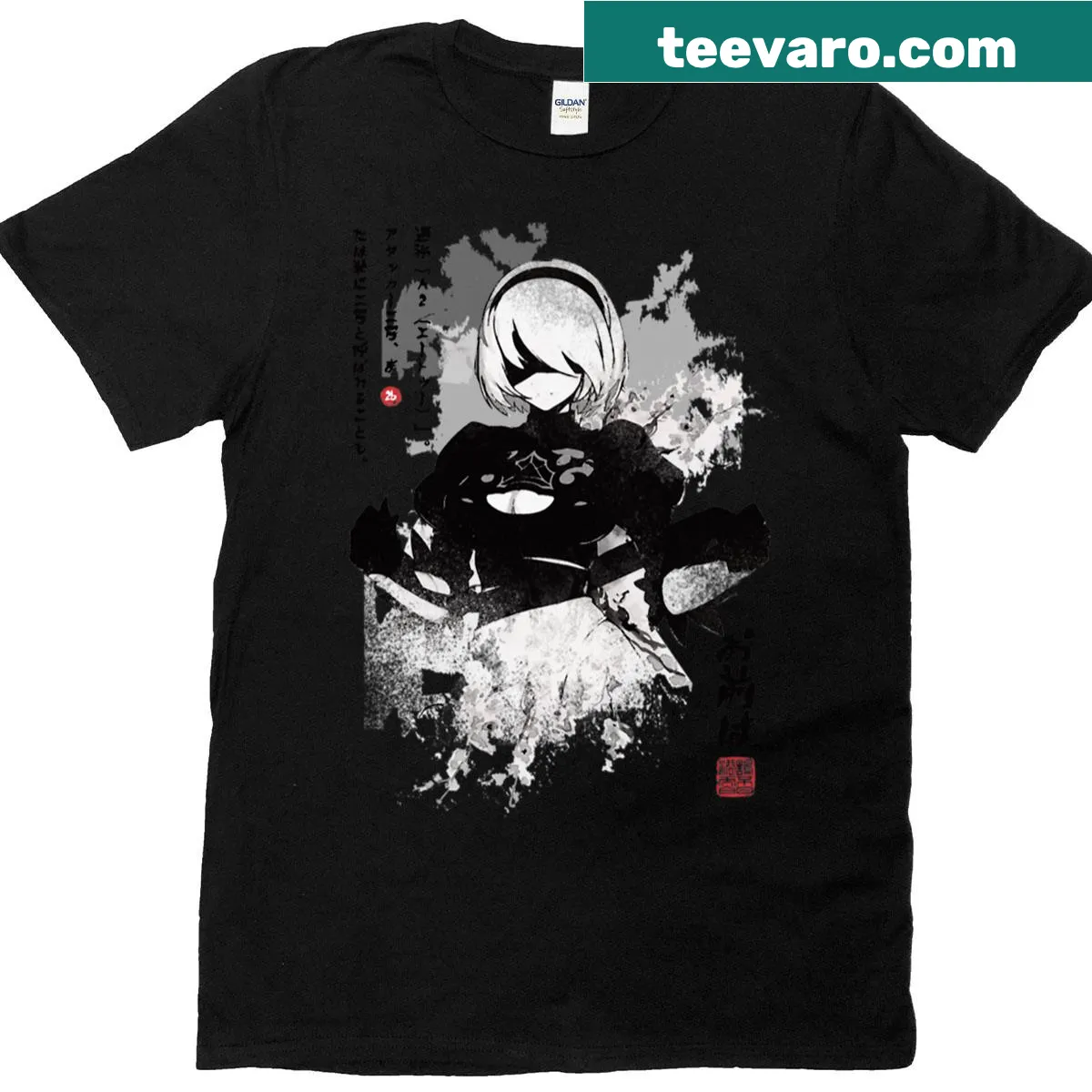 Nier: Automata 2B themed t-shirt featuring iconic game elements — on a men's t-shirt