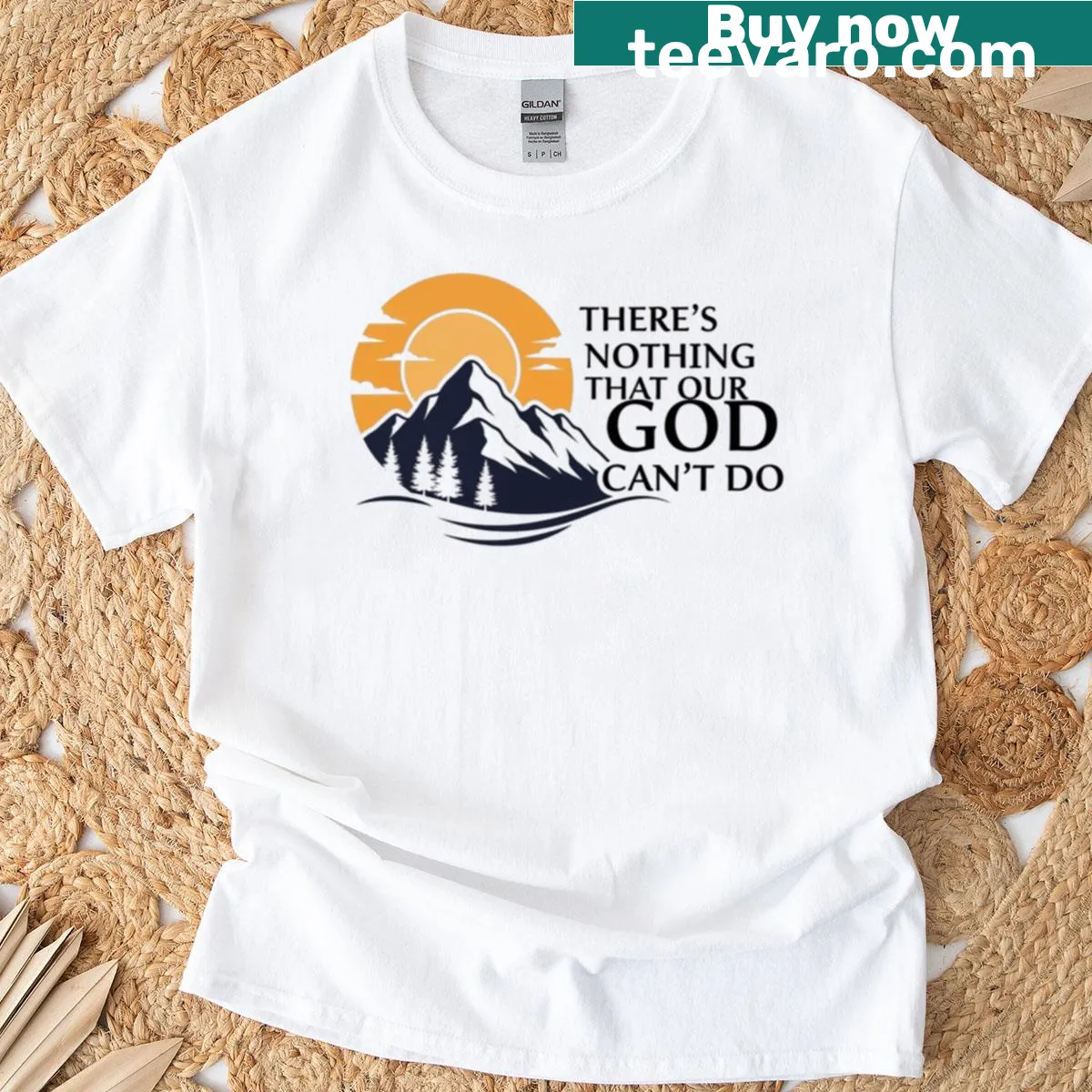 T-shirt with mountain sunset art and 'Nothing Our God Cant Do' text — on a men's t-shirt