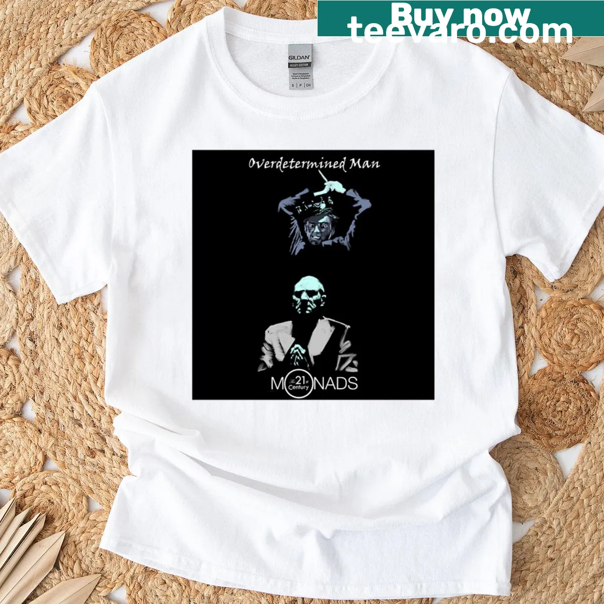 Bold typography T-shirt with 'Overdetermined Man' message — on a men's t-shirt
