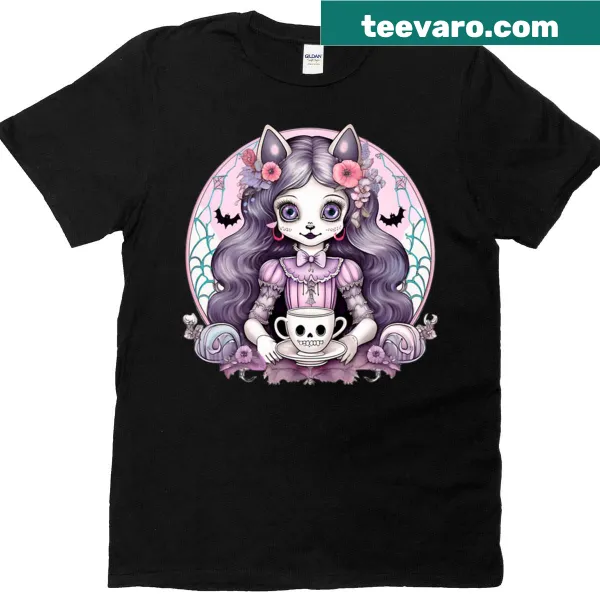 Oversized T-shirt featuring a pastel goth cat at a tea party