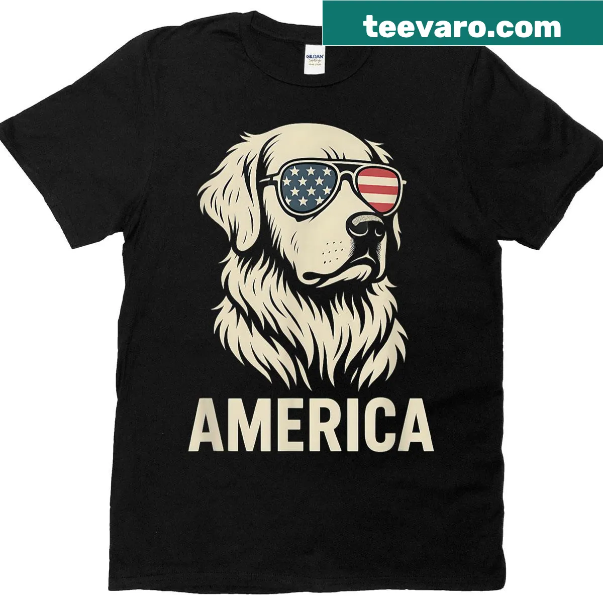 Golden Retriever illustration with American flag elements for 4th of July — on a men's t-shirt