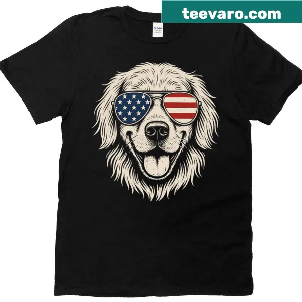 Golden retriever with American flag sunglasses illustration on t-shirt
