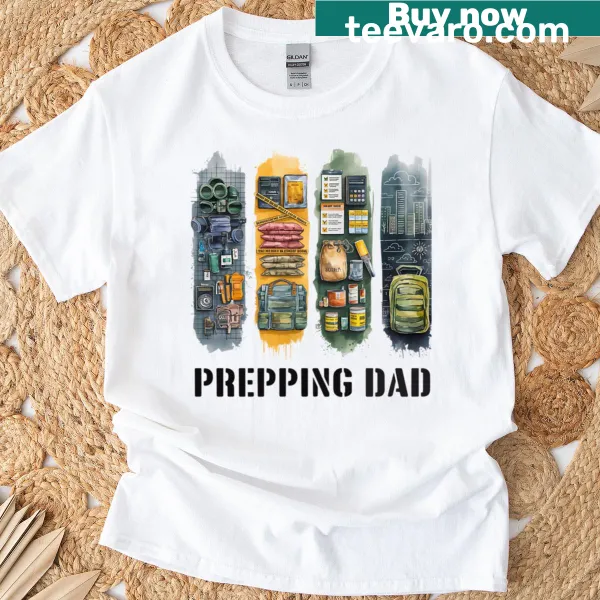 Dad-themed prepping survivalist T-shirt with essential tools illustration