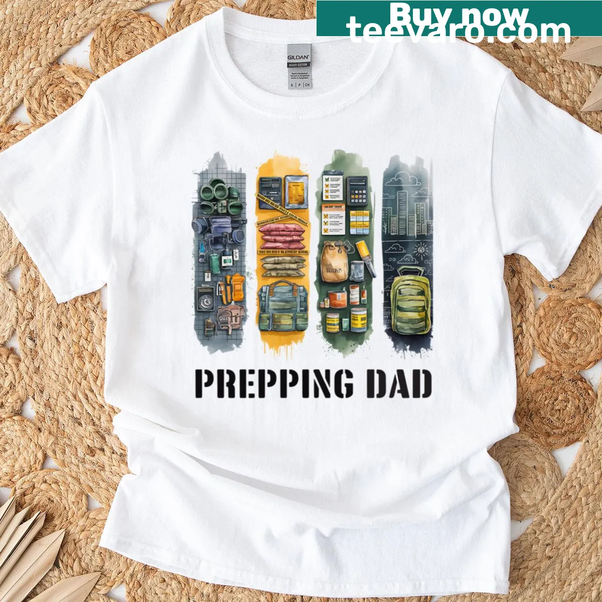 Dad-themed prepping survivalist T-shirt with essential tools illustration — on a men's t-shirt