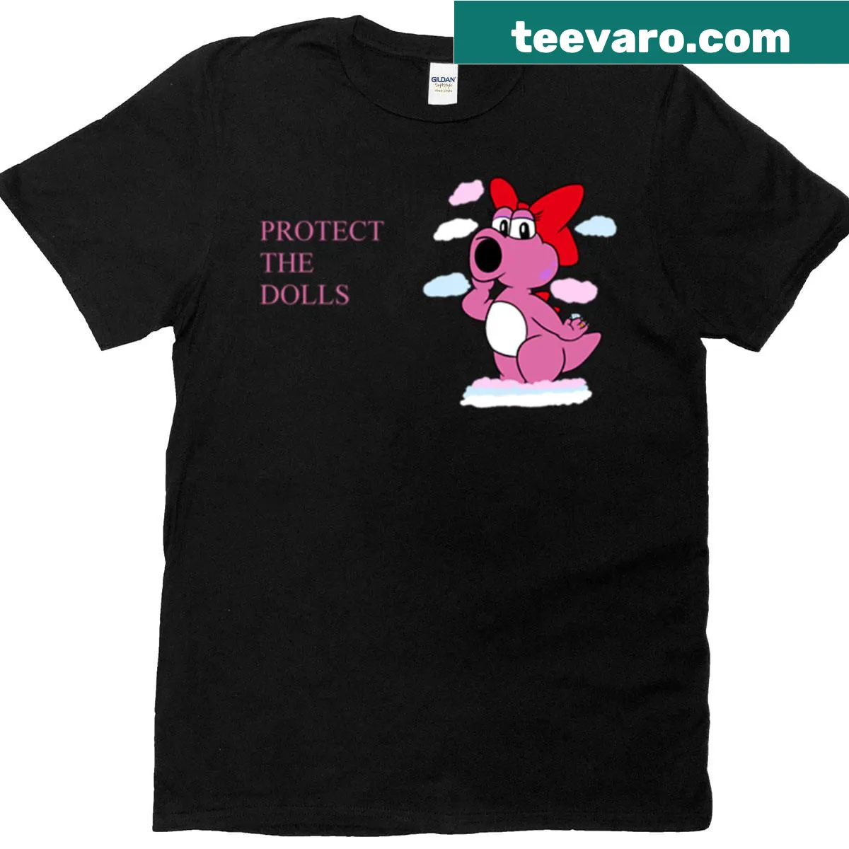 Oversized T-shirt featuring edgy graphic of Birdo with dolls — on a men's t-shirt