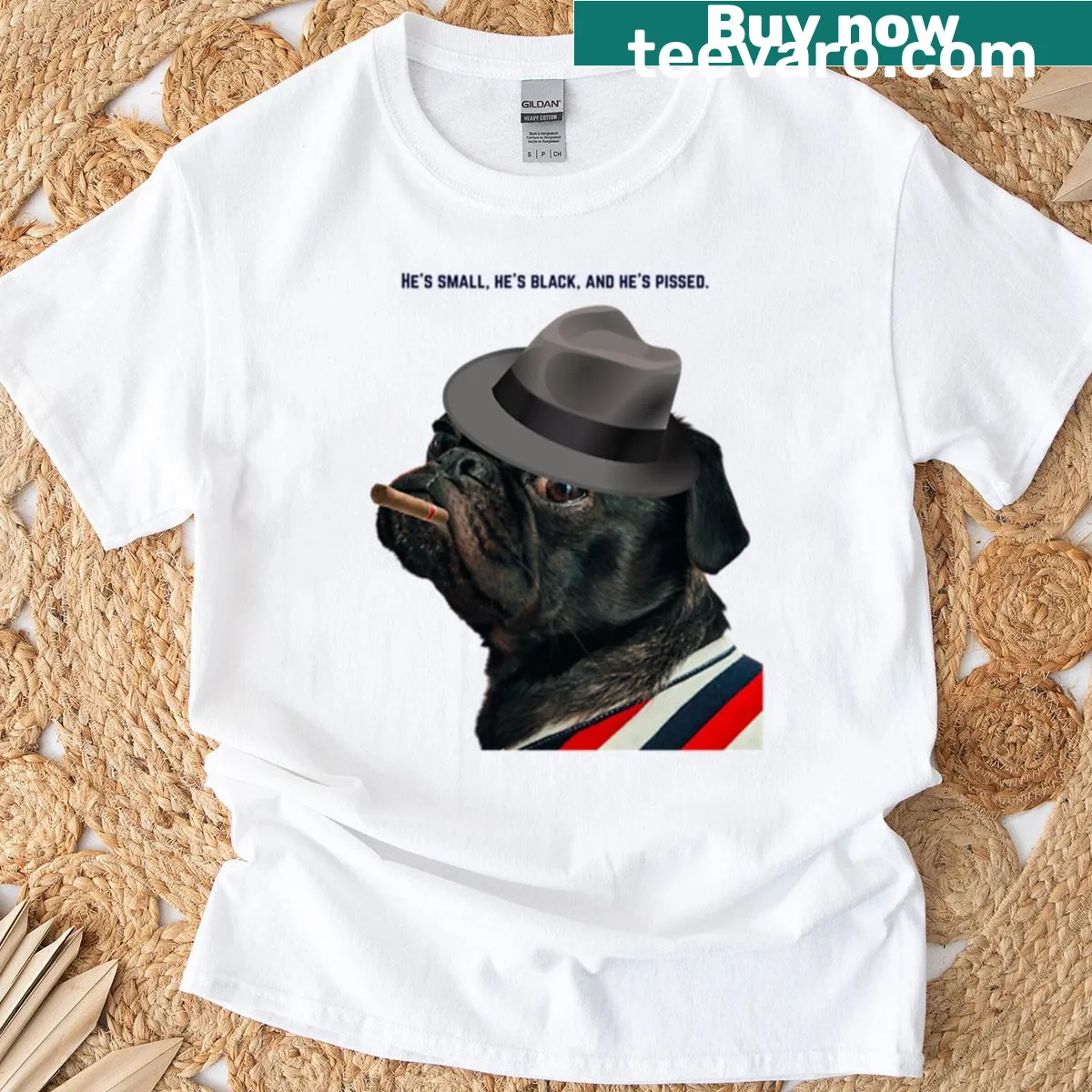 Cartoon graphic of a pug dressed as a detective — on a men's t-shirt