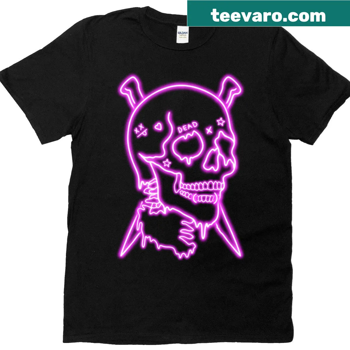 T-shirt featuring a neon pink skull graphic with punk styling — on a men's t-shirt
