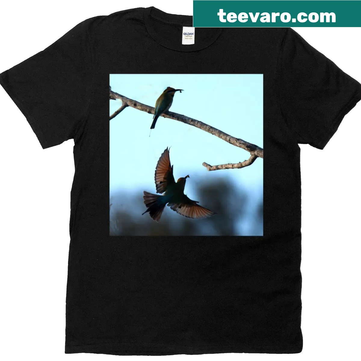 Illustration of Rainbow Bee-eaters catching food on a t-shirt — on a men's t-shirt