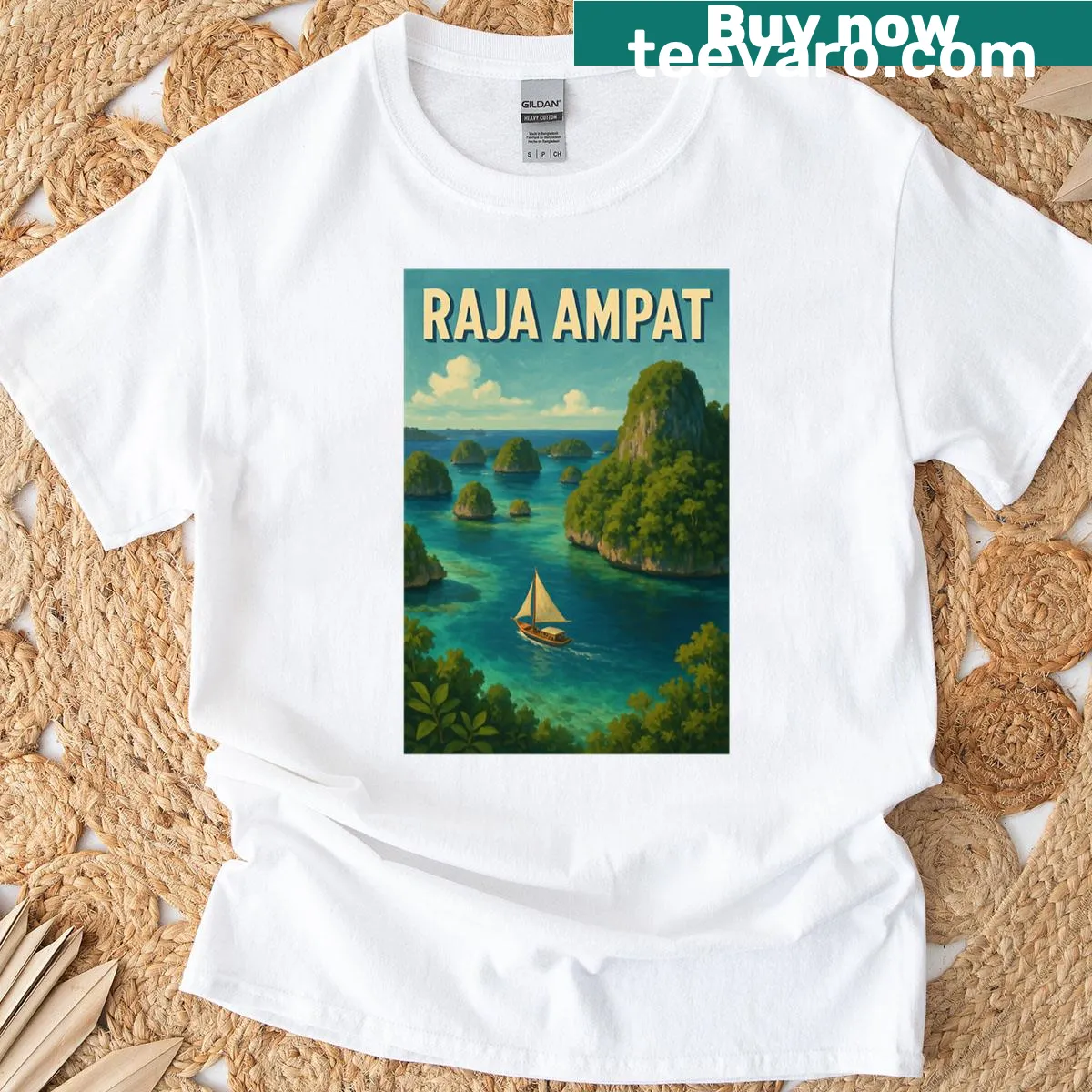 Illustrated sailing view of Raja Ampat on a T-shirt — on a men's t-shirt