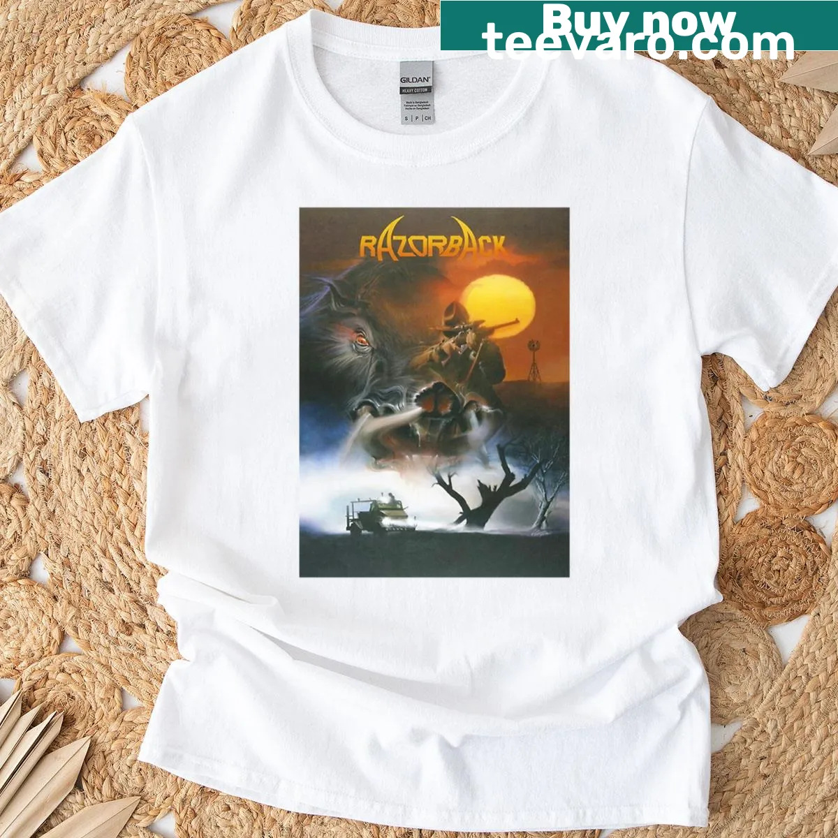 Edgy horror-themed T-shirt featuring razorback graphic — on a men's t-shirt