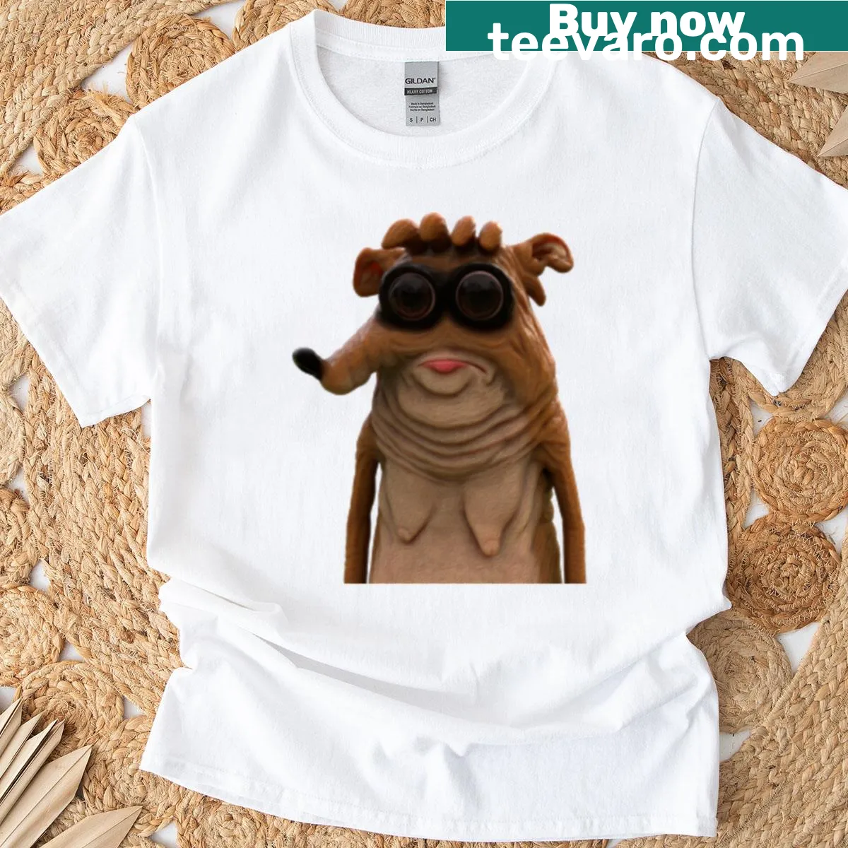 Realistic graphic T-shirt featuring Rigby character — on a men's t-shirt