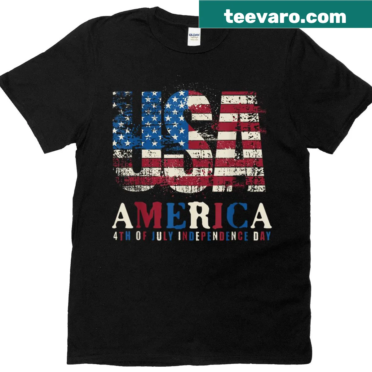 Patriotic t-shirt featuring red, white, blue colors and bold USA text — on a men's t-shirt