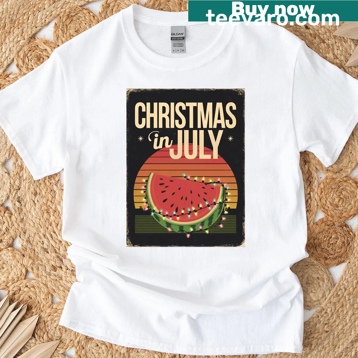 Retro-themed T-shirt celebrating Christmas in July with playful graphics — on a men's t-shirt