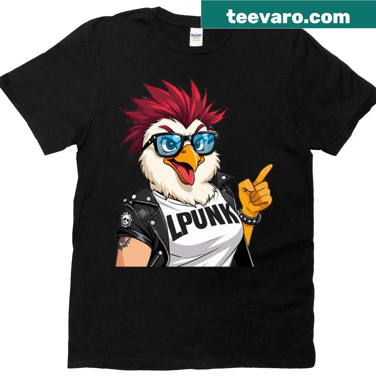 Whimsical oversized t-shirt featuring an illustration of a hen in a rocket — on a men's t-shirt