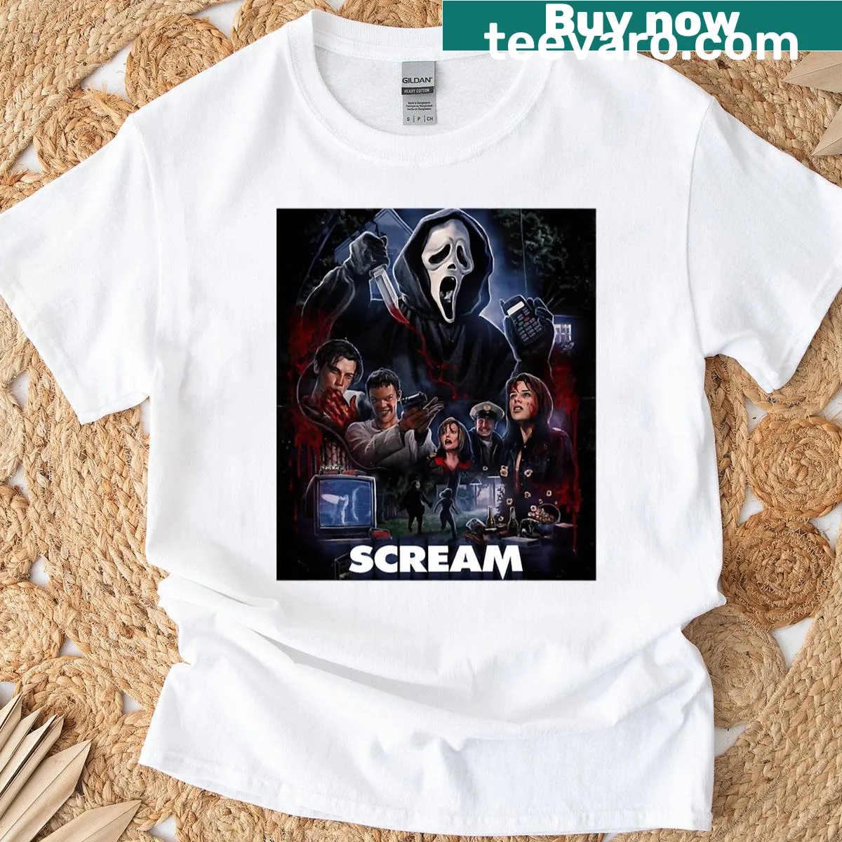T-shirt featuring artwork from the Scream horror movie — on a men's t-shirt