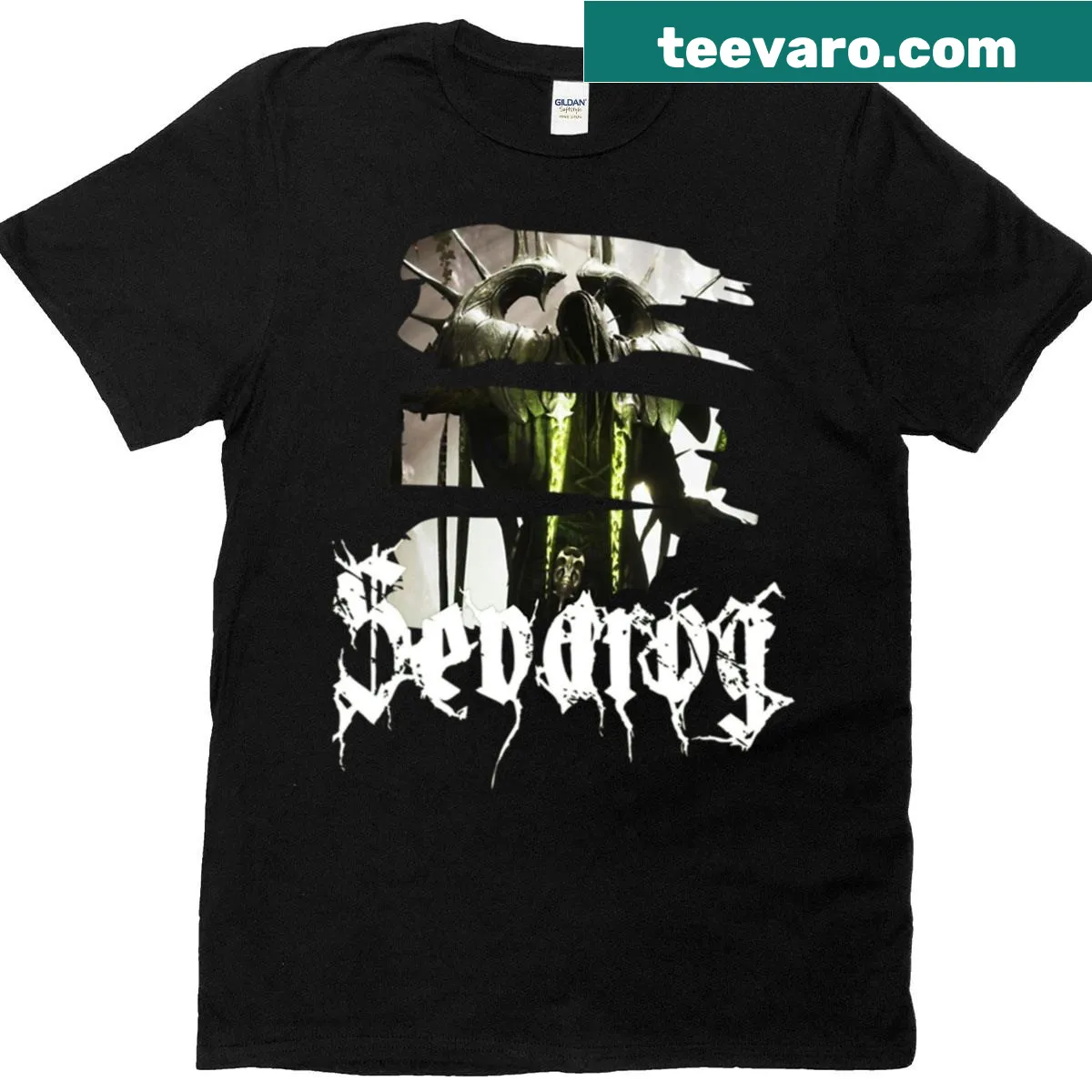 Sevarog graphic T-shirt featuring gaming artwork — on a men's t-shirt