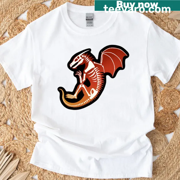 Illustration of a skeletal dragon on a fantasy themed t-shirt