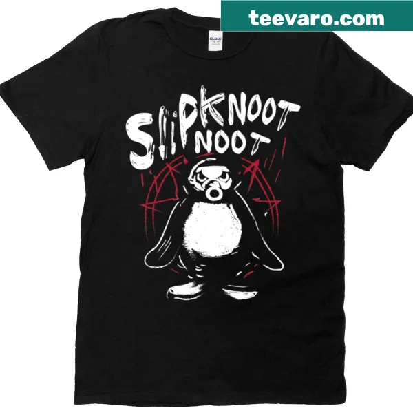 Cartoon penguin with a guitar in death metal style
