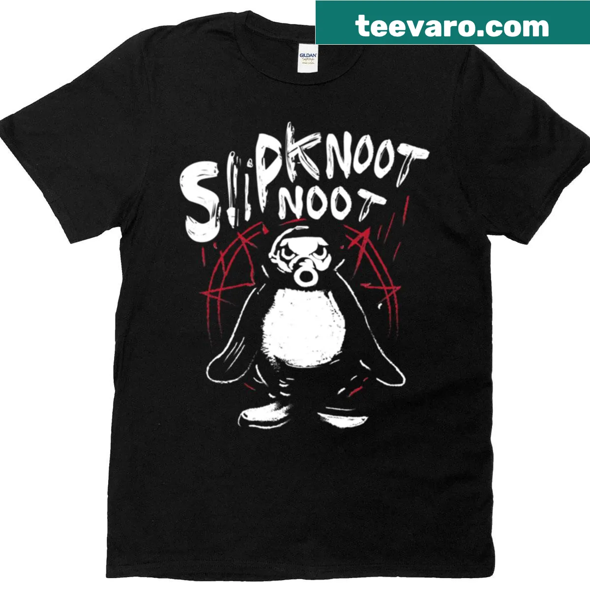 Cartoon penguin with a guitar in death metal style — on a men's t-shirt