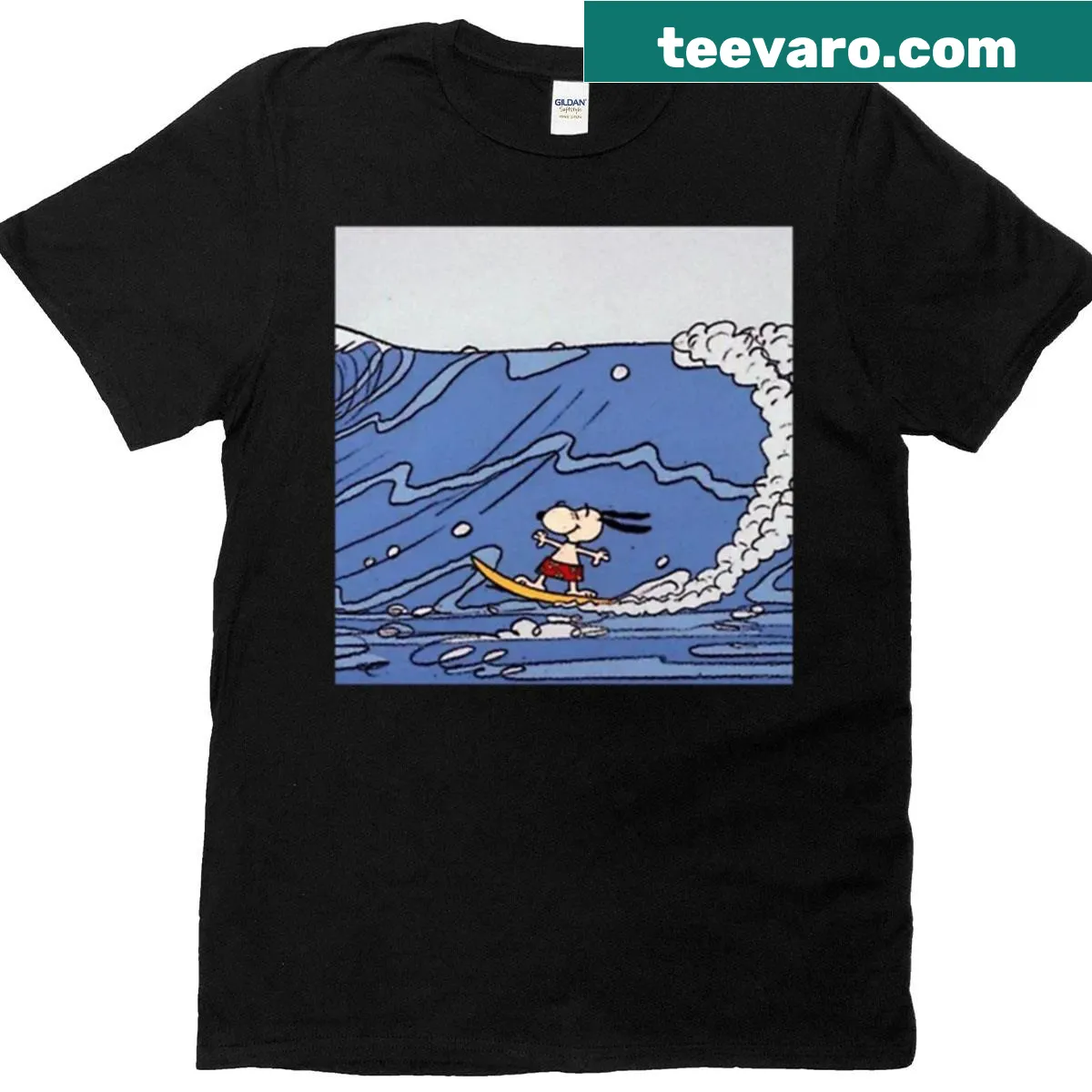 Snoopy surfing graphic t-shirt — on a men's t-shirt