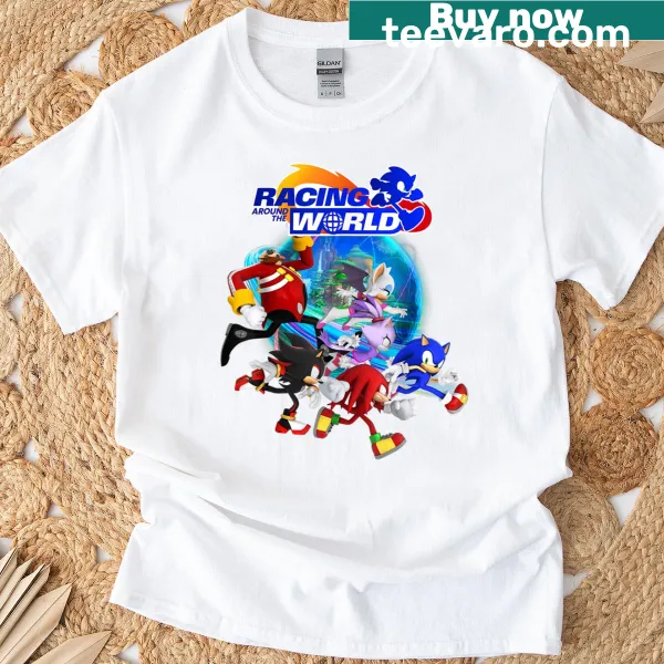 Dynamic Sonic The Hedgehog t-shirt featuring characters in action