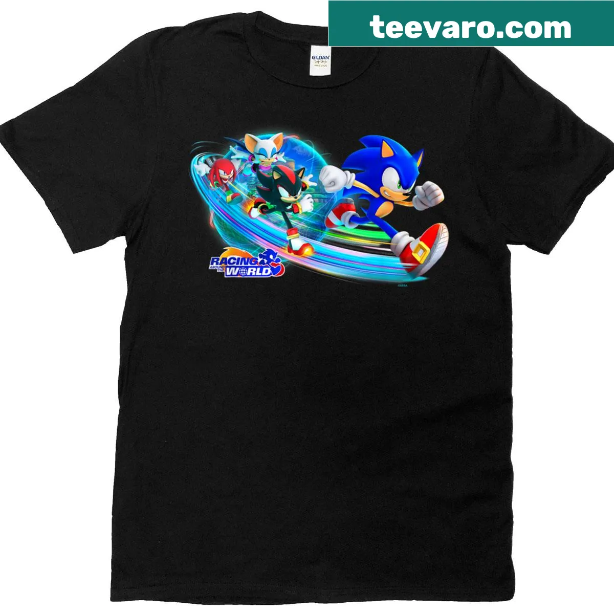 Sonic the Hedgehog racing around iconic game locations — on a men's t-shirt